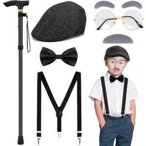 Yanbuny Old Man Costume Accessories with Beret Hat Old Man Glasses Suspender Bow Tie Mustache Eyebrows Cane (Style2)