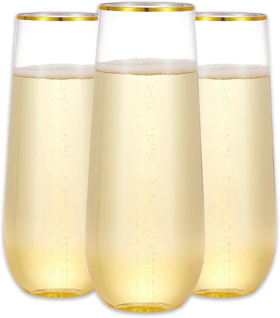 N9R 12PCS Plastic Champagne Flutes, 9 oz Stemless Disposable Gold Rim Toasting Glasses, Crystal Clear Cocktail Cups Drinkware Shatterproof Ideal for Party Wedding Birthday, 12 Count