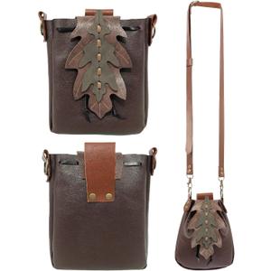 Renaissance Leaf Purse Ren Faire Bag Medieval Belt Pouch Vintage ELF Fairy Accessory Drawstring Faux Leather (Coffee)