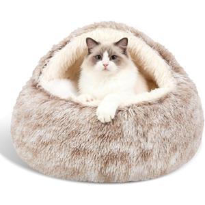Calming Dog Beds & Cat Cave Bed with Hooded Cover,Removable Washable Round Beds for Small Medium Pets,Anti-Slip Faux Fur Fluffy Coved Bed for Improved Sleep,Fits up to 15/25 lbs (Small,20"x20") (Coffee)