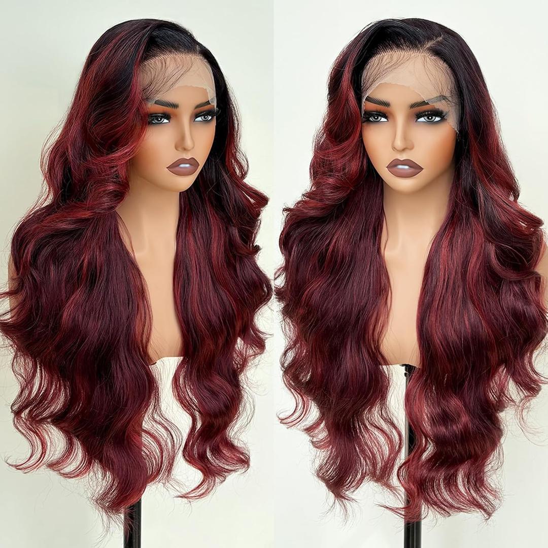 UGORGEOUS Burgundy Ombre 26 Inch HD Lace Front Wigs for White Women Black Women Pre Plucked Body Wave Synthetic Wig with Tiny Knots 13×6 Pre Layered Natural Hairline Glueless Wigs Wear and Go; Mac Color Eyelash 027