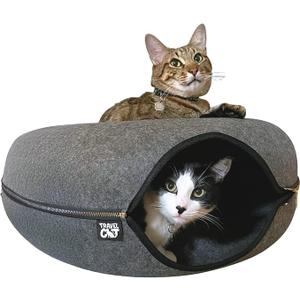 Travel Cat Tunnel Bed Cave - 21 Inch Large Premium Round Donut Cat Cave for Indoor Cats, Kitten - Detachable Cat Hideaway Cat Bed with Tunnel for Playing, Scratching, Sleeping