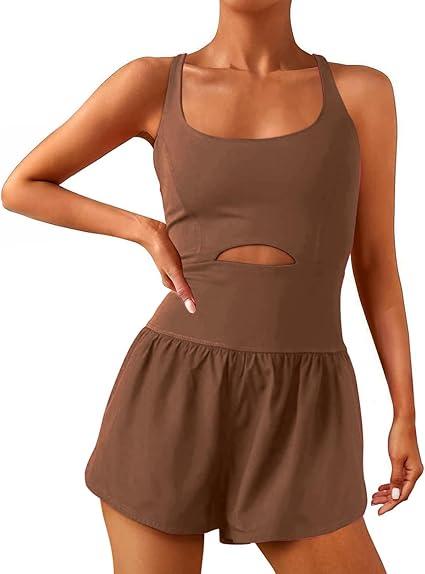 Wenlia Women Workout Romper Onesie with Padded Bras Sleeveless One Piece Outfits Shorts Atheletic Running Jumpsuit Clothes (Coffee Brown,Medium)