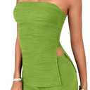 KIFOVEN Womens 2 Pieces Outfit Pleated Side Split Strapless Tube Top Shorts Set Summer Bandeau Going Out Set (Green, S)
