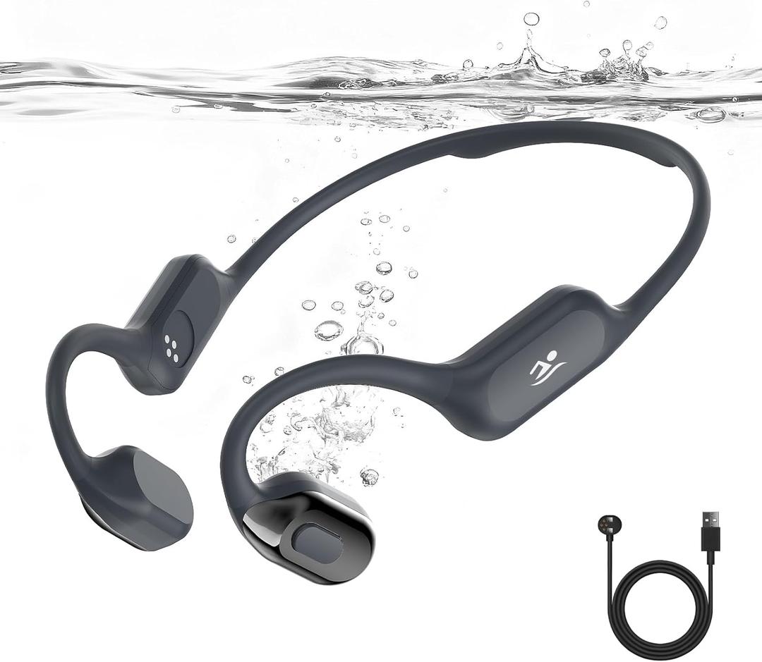 Swimming Bone Conduction Headphones with Night Safety Light, IP68 Waterproof 32G MP3 Memory, Soft Silicone Underwater Headphones,Submersible Sport Earbuds/Earphones for Swimming Diving-Obsidian Black