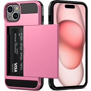 Vofolen for with iPhone 15 Wallet Case with Card Holder, Dual Layer Shockproof Wallet Phone Case, Hidden Card Slot Sliding Protective Hard Back Cover Slim Case for Women, 6.1 Inch Pink