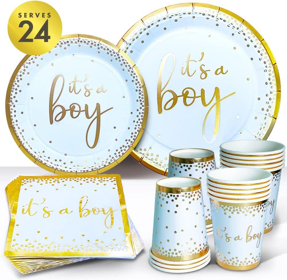 Sweet Baby Co. Oh Baby Boy Shower Plates and Napkins Boy Decorations for 24 with Its a Boy Paper Plate, Napkin, Cups Babyshower Tableware Set Gender Reveal Party Supplies Birthday (Light Blue, Gold)
