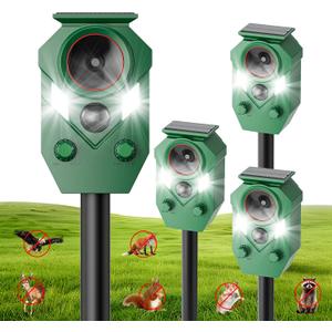 Solar Powered Ultrasonic Animal Repeller with Motion & LED Strobe Lights, Cat Deterrent Outdoor for Squirrels, Deer, Rabbits, Skunks & Dogs, Protects Garden, Yard, Lawn, Farm & Crops - 4Pack