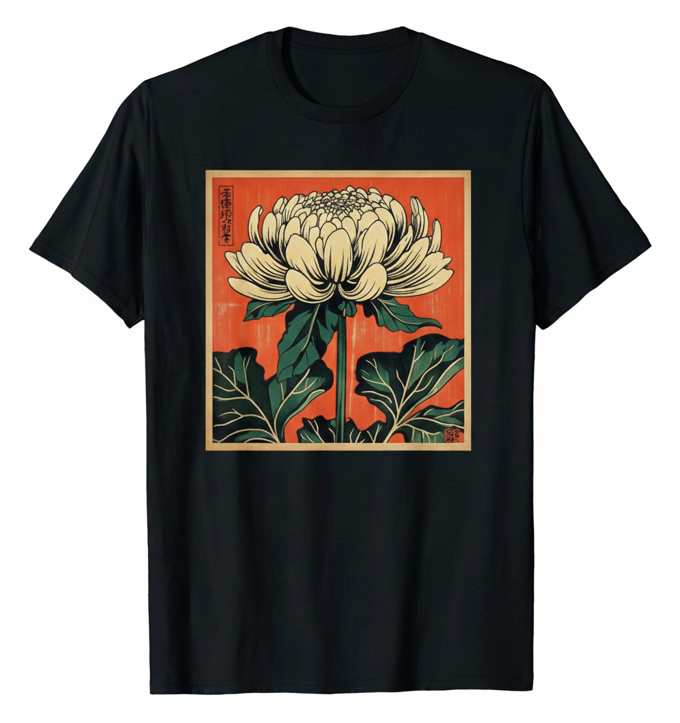 Vintage Japanese Chrysanthemum Flower Retro Japan Floral Art T-Shirt Size S