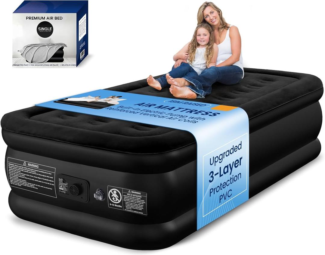 Twin Air Mattress with Built-in Pump, 600 lbs Heavy-Duty Support, 48-Hour Leak-Tested 3-Layer PVC, 2-Min Fast Inflation, Durable & Portable Inflatable Bed for Home, Guests & Camping