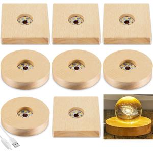 Honoson 8 Pcs Wooden LED Display Base Lighted Base for Crystal Art Wood Display for Glass Art 3D Crystal Warm Light (Round and Square Surface Style)