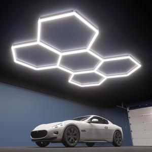Hexagon Garage Lights, 5-HEX 240W 5000K Daylight Garage LED Lights, Modular Honeycomb Shop Light for Detailing, Workshop, Home Gym, Warehouse, DIY Workspace