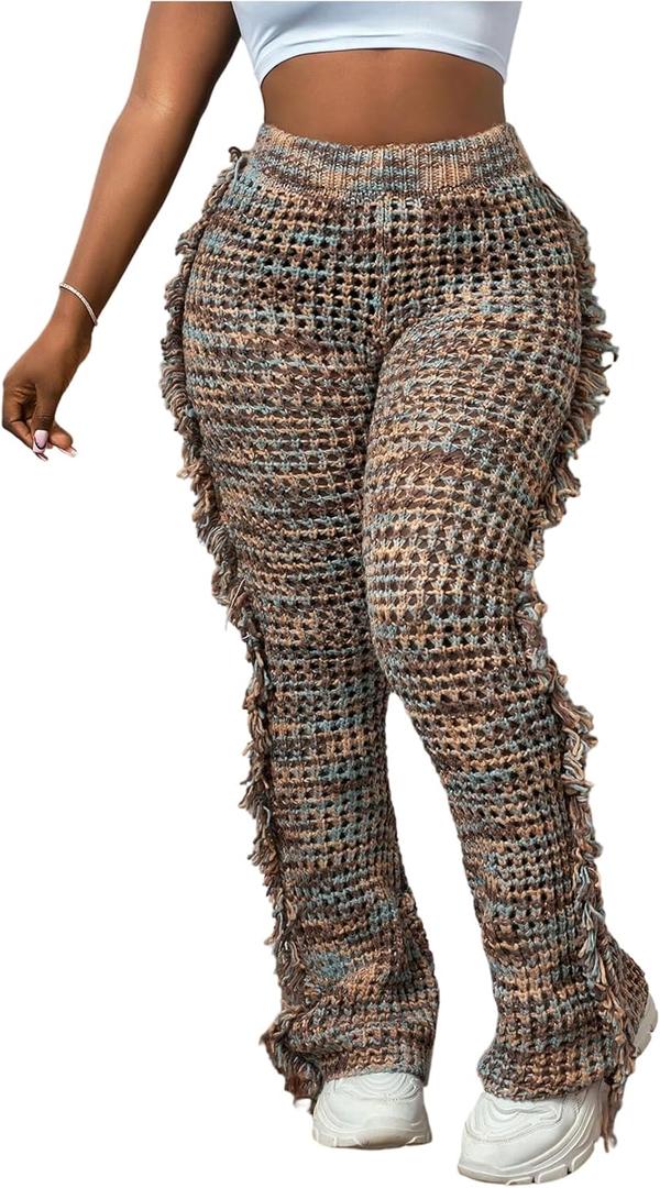 WDIRARA Women's Fringe Knit Flared Leggings High Waist Bootcut Pants, Large