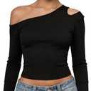 FAIMILORY Spring Fall Women's Asymmetrical Neck Off Shoulder Long Sleeve Slim Tops Going Out One Shoulder T Shirt S