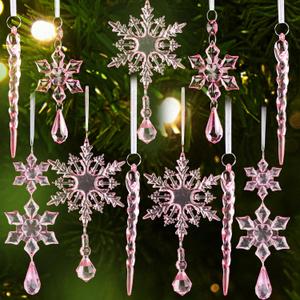 FOIMAS 25pcs Christmas Snowflake Icicle Ornament,Pink Acrylic Icicle Snowflake Drop Pendant Crystal Hanging Ornaments with Ribbon for Christmas Tree Home Decoration