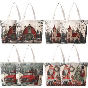 Gilprop 8 Pcs Christmas Canvas Tote Bags Vintage Xmas Truck Santa Claus Nutcracker Grocery Shopping Bags Reusable Xmas Gift Goodie Pouches for Merry Christmas Winter Holiday Gifts Wrapping Storage