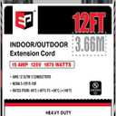 EP 12 Ft Outdoor Extension Cord - 12/3 SJTW Heavy Duty Black Extension Cable with 3 Prong Grounded Plug - Power Cord for Lawn, Garden, Appliances, Black