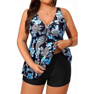 Yonique Two Piece Plus Size Tankini Swimsuits for Women Flowy Bathing Suits with Shorts Tummy Control Swimwear, Size 12 Plus