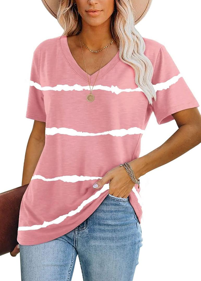 Lunivop Womens Tops Casual V Neck Short Sleeve Solid Color Basic T Shirt (Large, 03 Striped Pink)