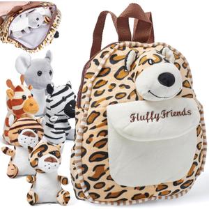 PixieCrush Savannah Plushies in Stuffed Animal Backpack - Plush Mini Backpack for Toddlers Age 2-4 - Multicolor - Soft Textiles - Kids Backpack with 5 Small Animals