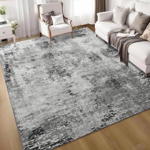Living Room Rug 7x10 Gray Area Rugs Machine Washable Abstract Boho Large Rug Non-Slip Non-Shedding Faux Wool Indoor Vintage Carpet for Bedroom, Classroom, Dining Room, Kids Playroom (Grey)