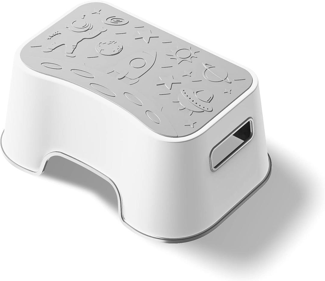 UNCLE WU Toilet Stool for Adults and Kids - 6.3 Inch Squatting Stool for Better Posture - Anti-Slip Step Stool for Bathroom, Potty Training, Kitchen & Sink - Space Theme(Gray White)