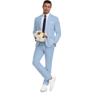 Men's Linen Suit 2 Piece Slim Fit Summer Beach Wedding Dress Tux Prom Suit Blazer Jacket and Pants (Large, Light Blue)