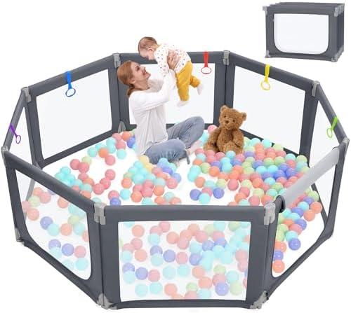 Kidirect Foldable Baby Playpen, Extra Large Playpen for Babies and Toddlers, Play Pen with Safety Gate, Corrales para Bebes, Adjustable Portable Play Yard for Babies Indoor Outdoor (Deep Grey,71"×69")