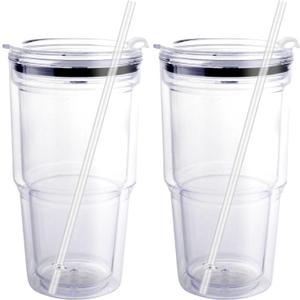 Clear tumblers with lid and straw 30 - 32oz, Clear Coffee cup with lid and straw Insulated Plastic Tumbler with Lid and straw, BPA free Double Wall, Reusable Acrylic tumbler with lid and straw (2Pk)