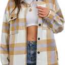 CHYRII Women's Casual Flannel Plaid Shacket Button Down Long Sleeve Shirt Jacket Coats with Pockets (XX-Large, Tan+purple-7159)