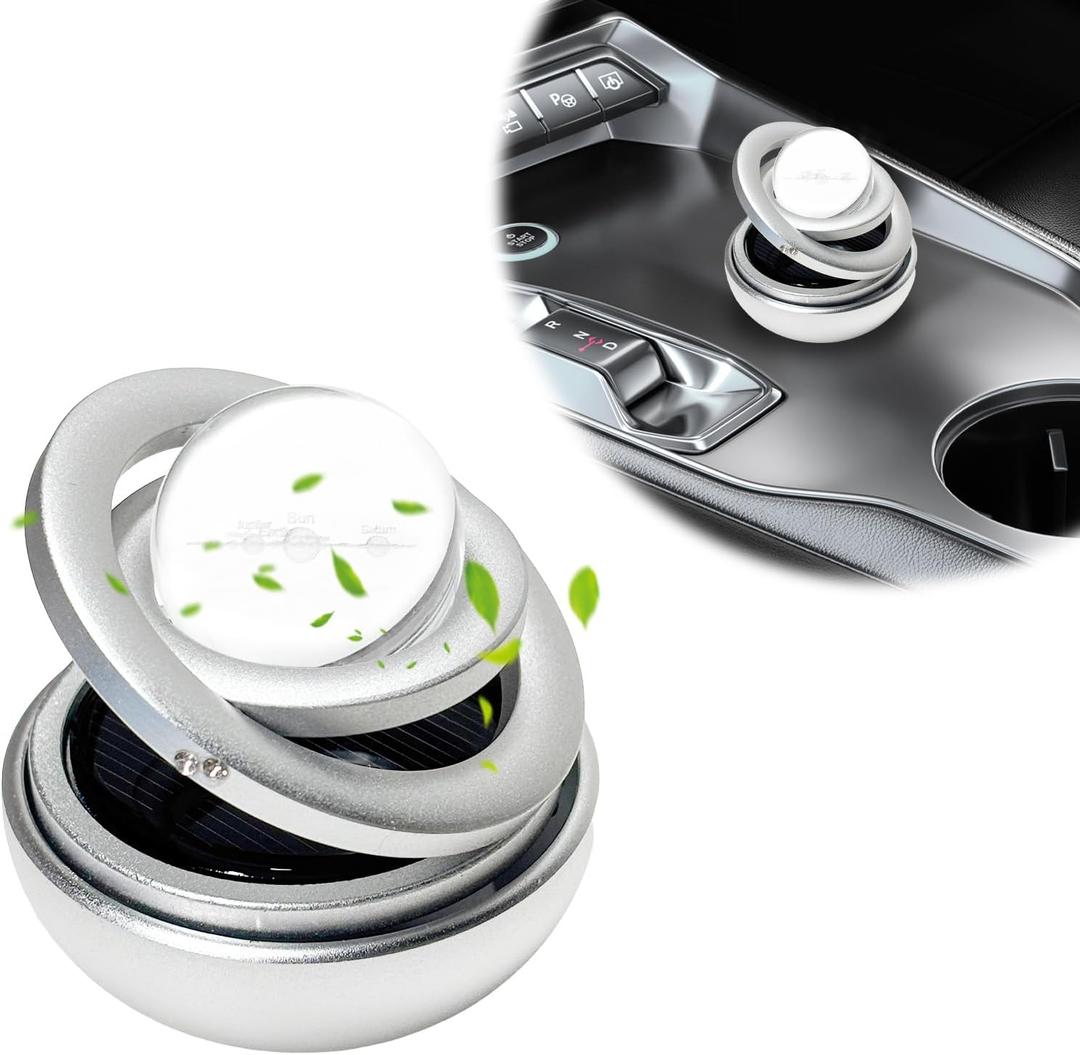 Car Solar Energy Air Freshener, Solar Powered Rotating Air Purifier Aromatherapy Diffuser, Rotatable Interior Fragrance for Car Office Home Decoration, Car Accessories (Silver)