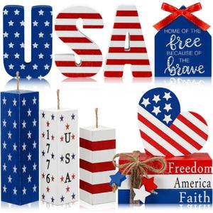 FoldTier 11 Pieces Memorial Day Table Decoration 4th of July Tiered Tray Decorations Patriotic Wooden Book Sign Firework Centerpiece Red White and Blue Tabletop Decor for Home 250th Anniversary