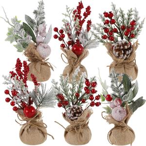 winemana 6 Pcs Mini Christmas Tree Table Decorations, 9" Small Artificial Trees with Red Berries Pine Cone Tabletop Centerpiece for Home Office Room Holiday Decorations