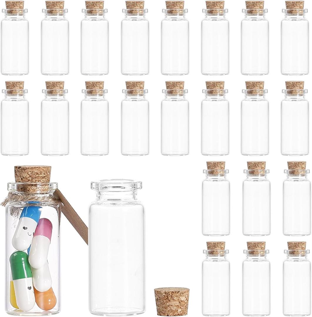 Jarsoph Mini Glass Bottles 24pc - 10ml Small Glass Jars with Cork Stoppers - Decorative Bottles for Spell Jars, Potion Bottles, Message in a Bottle, DIY Crafts, Party Favors, Weddings