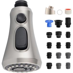 iFealClear Universal Pull Down Kitchen Faucet Head Replacement, 3 Function Anti-Splashing Faucet Head for Kitchen Sink, Kitchen Faucet Head Replacement Female Thread with 15 Adapters, Brushed Nickel