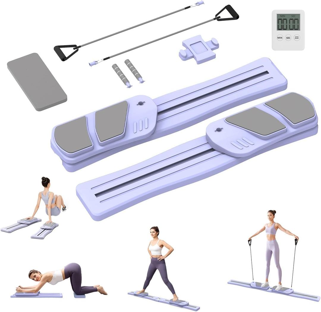 Pilates Board for Home Workout - Upgraded 7 in 1 Foldable Pilates Reformer Set, Multifunctional Ab Trainer with Resistance Bands & LED Timer, Pilates Board for Women Full Body Workout (Split-Purple)