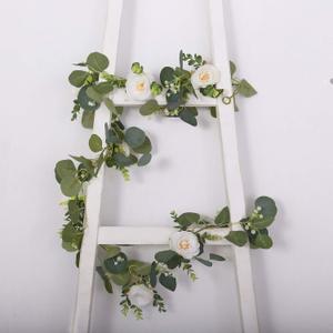 Efavormart 5.5ft | Artificial Eucalyptus Leaf Table Garland with 7 White Rose Flower Heads, Floral Greenery Hanging Vines, Size 6, Count Of 1
