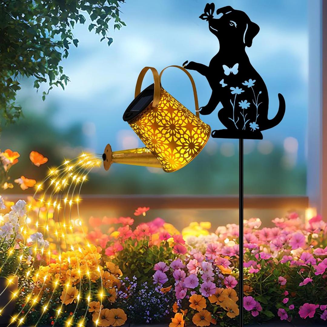 Solar Lights Outdoor Decorative, Watering Can with Cascading Lights, with Dog Silhouette Garden Stakes, Gifts for Mom Women, Waterproof Metal Garden Decor for Yard Art, Outside(1 Pack)