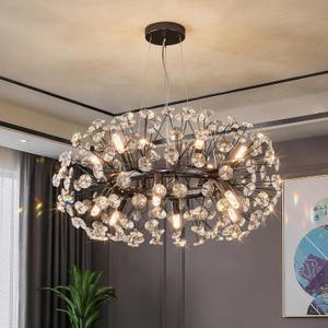 Modern Firework Chandelier, Farmhouse Black Crystal Round Dandelion Sputnik Chandeliers, 23.62" Contemporary 12-Light Pendant Hanging Lighting for Dining Room Kitchen Bedroom Living Room