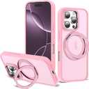 for iPhone 16 Pro Case with 360 Rotatable Magnetic Ring Stand Compatible with Mag-Safe Military Protection Shockproof Matte Translucent Phone Case for iPhone 16 Pro, Pink