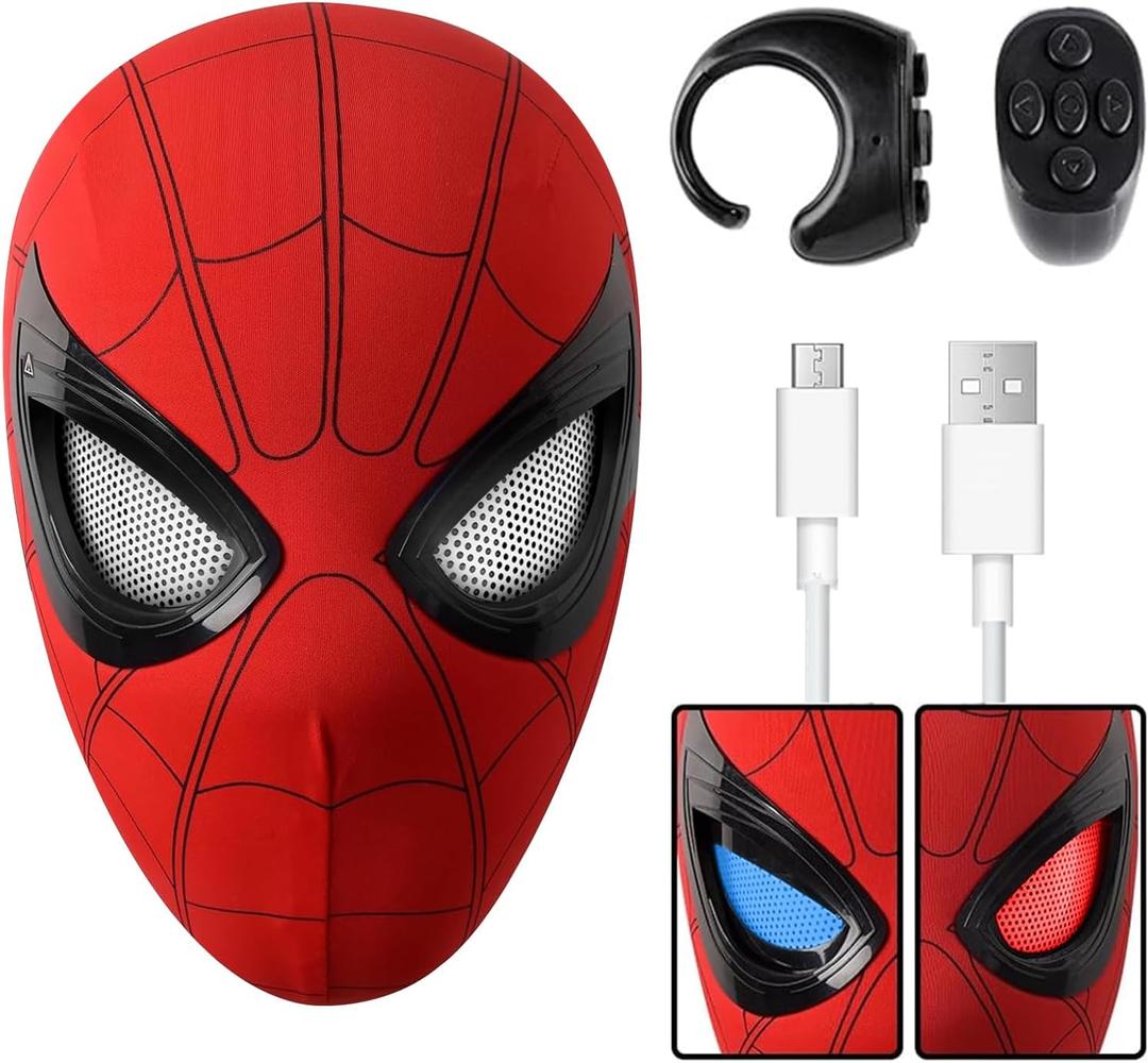 Spider Hero Mask with Moving Eyes and LED Lights, Ring Remote, Halloween Roleplay Mask Costume for Teens and Men, Realistic Full Face Cosplay Prop for Christmas & Birthday Parties