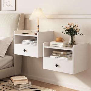 Floating Nightstand Set of 2 Modern Night Stands with Drawer and Open Shelf Cubby Small Bedside End Table with Charging Station Wall Mounted Nightstands Set 2 for Bedroom White, 15.8" W x 11.5" L x 11.5" H