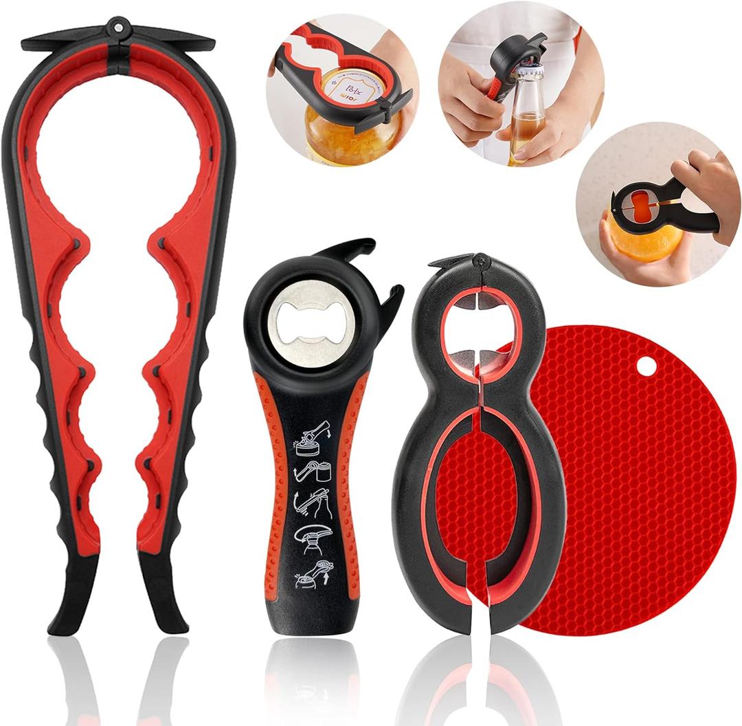 Jar Opener for Weak Hands, Easy Twist Jar Opener For Seniors with Arthritis, 5 in 1 Multi Function Bottle Opener Lid Opener For Arthritic Hands with Non Slip Rubber Jar Gripper Pad (Red)