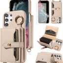 Wallet Case for Samsung Galaxy S21 Ultra 5G & Tempered Glass Screen Shoulder Strap Ring Buckle Flip Organ Purse, PU Leather Card Holder Stand Phone Cover for S21ultra 21S S 21 21ultra G5 White