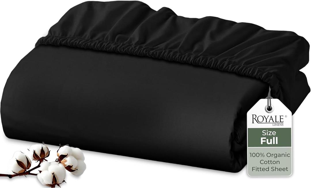 Royale Linens 100% Organic Cotton Fitted Sheet - Percale Weave - Super Soft Deep Pocket Bottom Sheets - Black Elastic Sheet Full Size - Full Fitted Sheets Only - (54"x75"+15", Black)