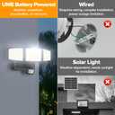 UME Battery Powered Motion Sensor Outdoor Lights 302 LED 1800LM, IP65 Waterproof Battery Operated Flood Lights Outdoor, 3 Heads Security Motion Light with 3 Modes for Garden Patio Yard