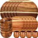 Maxdot 24 Pcs Acacia Wood Dinnerware Set, Round Wooden Plates, Solid Wooden Bowls and Tea Cups, Acacia Wood Tableware Supplies, Lightweight for Dishes Snack, Dessert, Set for 4