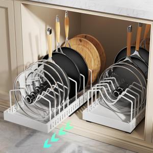 Pull Out Pots and Pans Organizer Under Cabinet, Expandable Sliding Lid Holder and Pan Rack for Kitchen, Slide Out inside Cabinet for Pot Lid, Bakeware, Dishes, 10 Adjustable Dividers, 2 Pack White