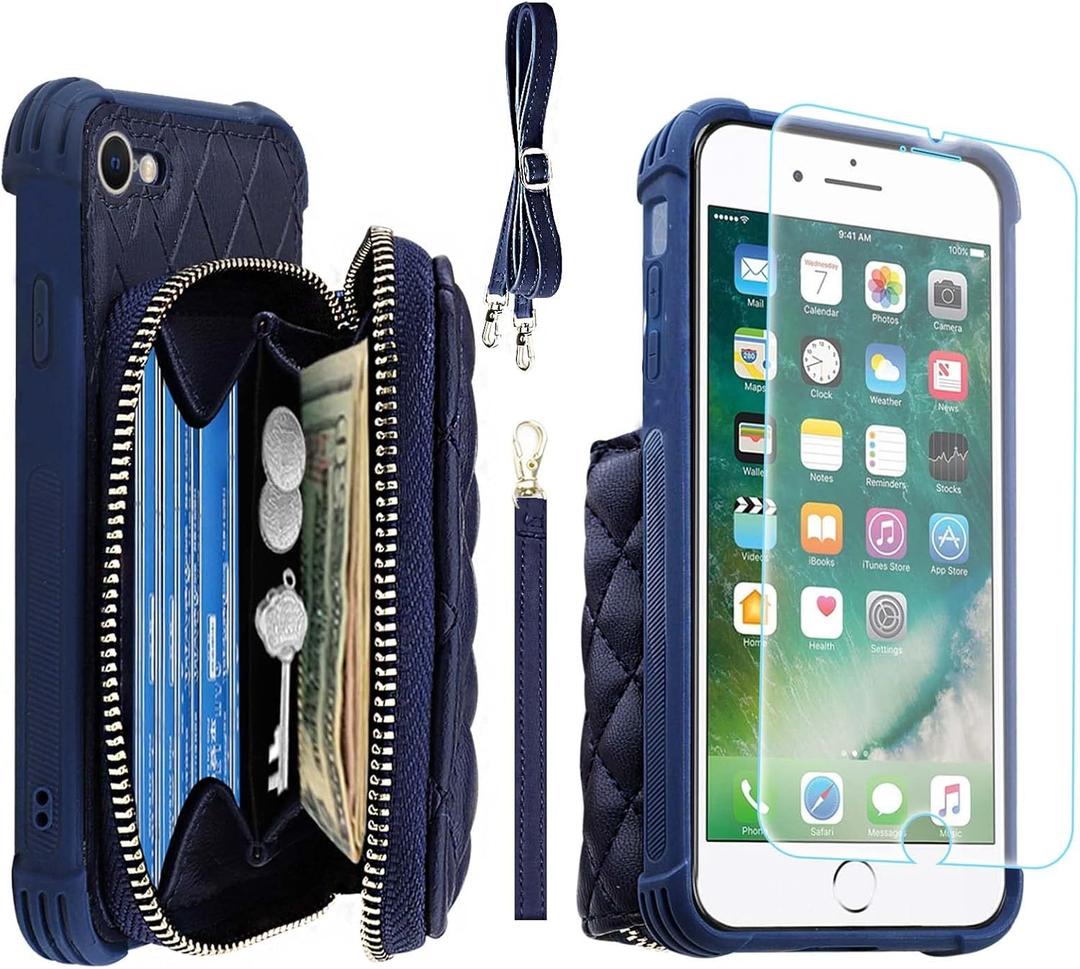 MONASAY Zipper Wallet Case Fit for iPhone SE 2022/2020/8/7, [Glass Screen Protector ][RFID Blocking] Flip Leather Handbag Phone Cover with Card Holder & Crossbody Lanyard Strap, Dark Blue
