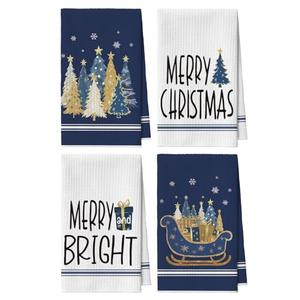 Artoid Mode Blue Xmas Tree Star Sledge Christmas Kitchen Towels, 18x26 Inch Quick Dry Microfiber Cloth Dish Towels for Kitchen Drying Set of 4